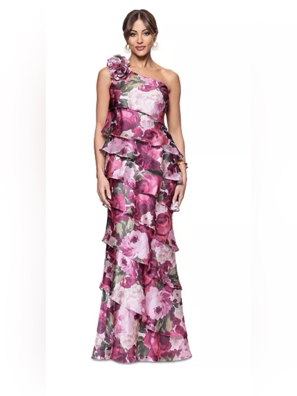 Xscape One-Shoulder Tiered Floral Evening Gown in Pink and Green size 10